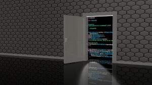 Door in a wall in a black room textured with hexagons leading to a computer code  background 3D illustration backdoor concept